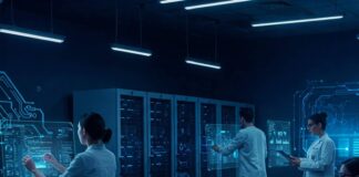 5 In-Demand Tech Jobs You Should Consider in 2025 Futuristic Tech Office with Professionals and Holographic Displays