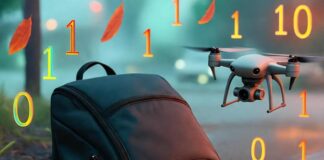 The Future of IoT: 5 Must-Have Devices That Will Change Your Life Smart backpack spills glowing sensors on rainy Seattle sidewalk; drone hovers, binary leaves fall.