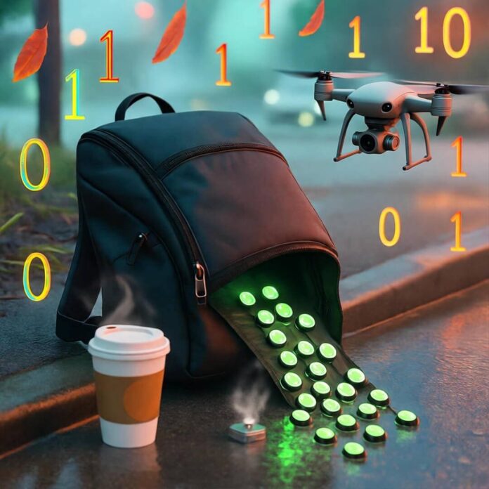Smart backpack spills glowing sensors on rainy Seattle sidewalk; drone hovers, binary leaves fall.