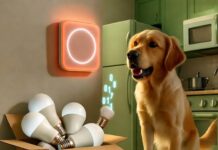 How Smart Homes Are Becoming the New Norm in 2025 Golden retriever barks at glowing thermostat as foot steps on smart plug amid smart bulbs.