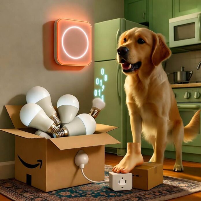Golden retriever barks at glowing thermostat as foot steps on smart plug amid smart bulbs.
