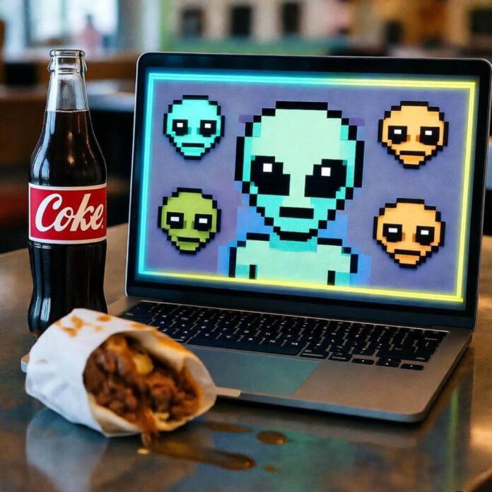 Laptop on diner table with spilled Coke, cheesesteak, pixelated aliens on screen.