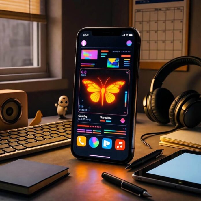 Retro-futuristic cluttered Seattle desk, glowing glitchy phone, firefly vibes, 2 AM tech obsession.