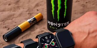 2025’s Best Smartwatches: Which One Is Right for You? Wrist with multiple smartwatches, coffee-stained receipt, vape pen, Monster can.