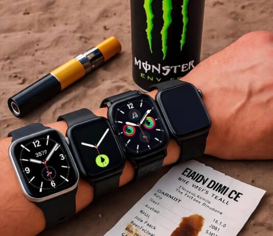 2025’s Best Smartwatches: Which One Is Right for You? Wrist with multiple smartwatches, coffee-stained receipt, vape pen, Monster can.