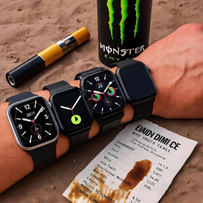 Wrist with multiple smartwatches, coffee-stained receipt, vape pen, Monster can.
