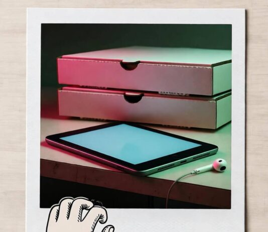 Top Tablets to Buy in 2025: Reviews of the Best Models Polaroid of cluttered Philly kitchen counter with tablet, pizza boxes, earbuds, doodled hand.