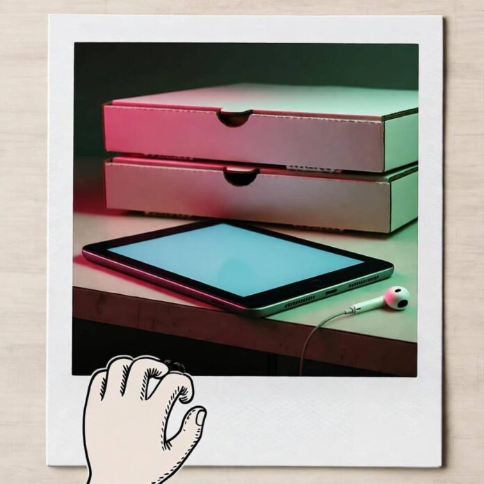 Polaroid of cluttered Philly kitchen counter with tablet, pizza boxes, earbuds, doodled hand.