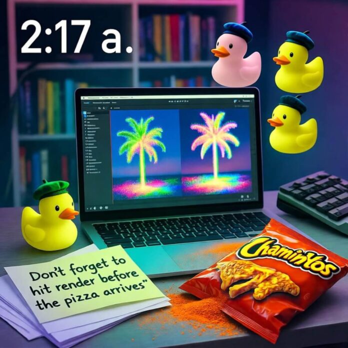 Chaotic desk at 2:17 a.m. with laptop, Cheetos, and floating rubber ducks.