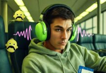 The Best Noise-Cancelling Headphones for Travelers in 2025 Slumped traveler in headphones ignores neon-pink baby sound waves; pretzel half-eaten.