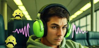 The Best Noise-Cancelling Headphones for Travelers in 2025 Slumped traveler in headphones ignores neon-pink baby sound waves; pretzel half-eaten.