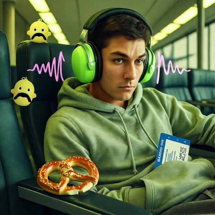 Slumped traveler in headphones ignores neon-pink baby sound waves; pretzel half-eaten.