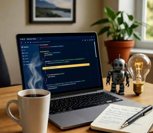 Where to Learn AI Online: Top Courses and Resources in 2025 Blurred desk with laptop, AI code, coffee, notebook, robot, glowing bulb.