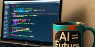 Is AI Certification Worth It? A Deep Dive into AI Career Opportunities Blurry desk with laptop, chipped AI mug, notebook, binary doodles, teal-orange-beige tones.