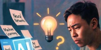 The Best AI Tutorials for Beginners: A Step-by-Step Guide Beginner learning AI, glowing laptop, notes, coffee mug, lightbulb, question marks.