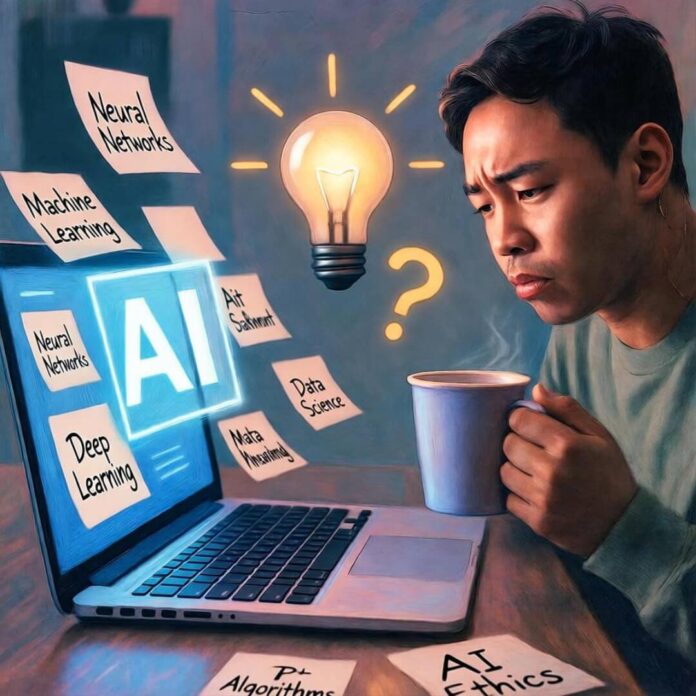 Beginner learning AI, glowing laptop, notes, coffee mug, lightbulb, question marks.