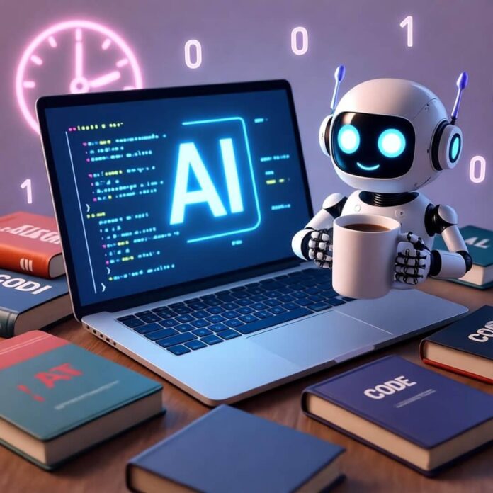 Futuristic laptop with AI code, quirky robot with coffee, coding books, neon clock.