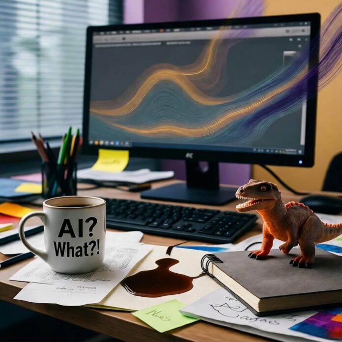 Messy Seattle desk with spilled coffee, "AI? What?!" notebook, dinosaur, glitchy lines.