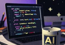 Top AI Programming Languages Every Developer Should Learn in 2025 Blurry desk with glitchy Python script, chipped AI mug, crumpled R code note.