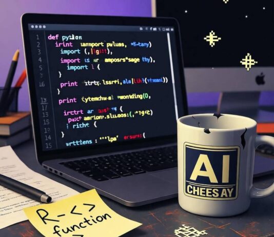 Top AI Programming Languages Every Developer Should Learn in 2025 Blurry desk with glitchy Python script, chipped AI mug, crumpled R code note.