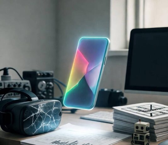 Tech News Today: Breaking Down the Latest Innovations in 2025 Messy Seattle desk with glowing holographic phone, cracked VR headset, and tiny robot.