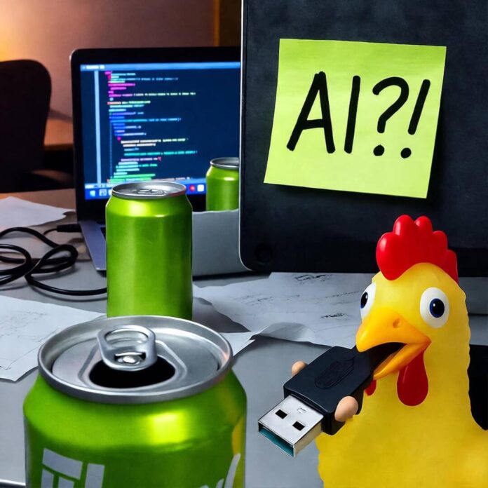 Messy desk with glowing laptop, crumpled cans, neon "AI?!" note, rubber chicken with USB.