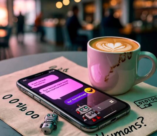 Why AI Chatbots Are Changing the Customer Service Industry Forever Cluttered coffee table with phone, spilled latte mug, binary napkins, robot sticker.