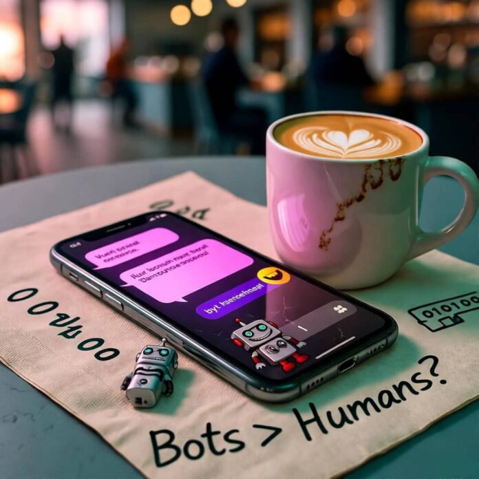 Cluttered coffee table with phone, spilled latte mug, binary napkins, robot sticker.