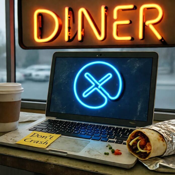 Gritty diner counter with neon sign, beat-up laptop, half-eaten burrito.