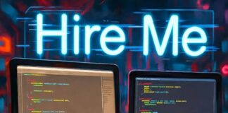 AI Jobs You Should Be Applying for in 2025 Futuristic desk with glowing AI screens, half-finished coffee, neon "Hire Me" sign.