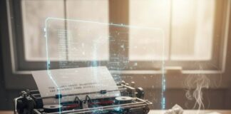 Top 10 AI Writing Software You Need to Try in 2025 A desk with a typewriter, coffee mug, tablet, and a futuristic AI interface.