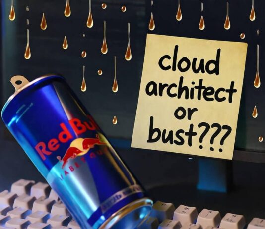 How to Build a Career in Cloud Computing: Job Opportunities and Tips Half-empty Red Bull on glowing keyboard; sticky note reads "cloud architect or bust???"