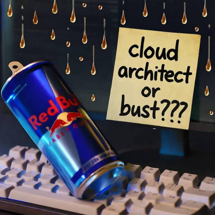 Half-empty Red Bull on glowing keyboard; sticky note reads "cloud architect or bust???"