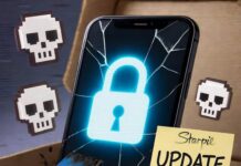 The Future of Cybersecurity Jobs: Opportunities You Can’t Miss Cracked phone with glowing padlock, burnt USB in pizza box, "UPDATE ME" note, neon cyan skulls.