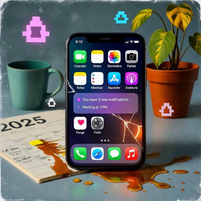 Cracked phone amid spilled coffee, wilted plant, ghostly pixel notifications.