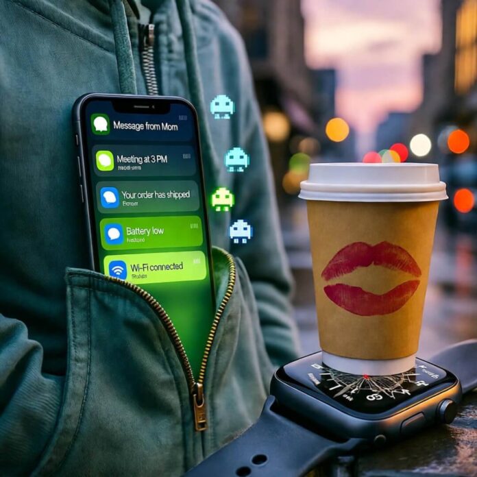 Phone notifications spill from hoodie pocket; coffee cup on cracked watch.