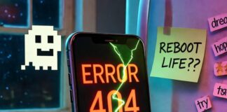 Tech Troubleshooting: How to Fix Common Problems in 2025 Cracked phone displays "ERROR 404" with ramen, cables, wilting plant, and "REBOOT LIFE??" note.