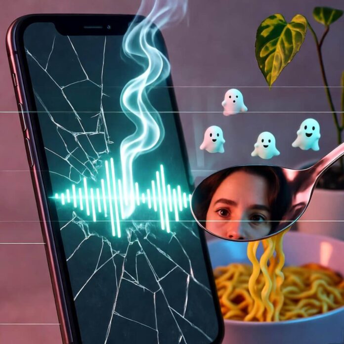 Cracked phone glows with neon voice wave; ramen, ghost emojis, wilted plant.