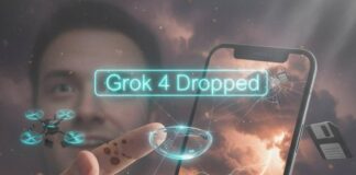 Must-Know Technology Updates: What’s Happening in 2025? Coffee-stained hand, AR lens, "Grok 4 Dropped" news, storm-cracked phone, drone-floppy disks.