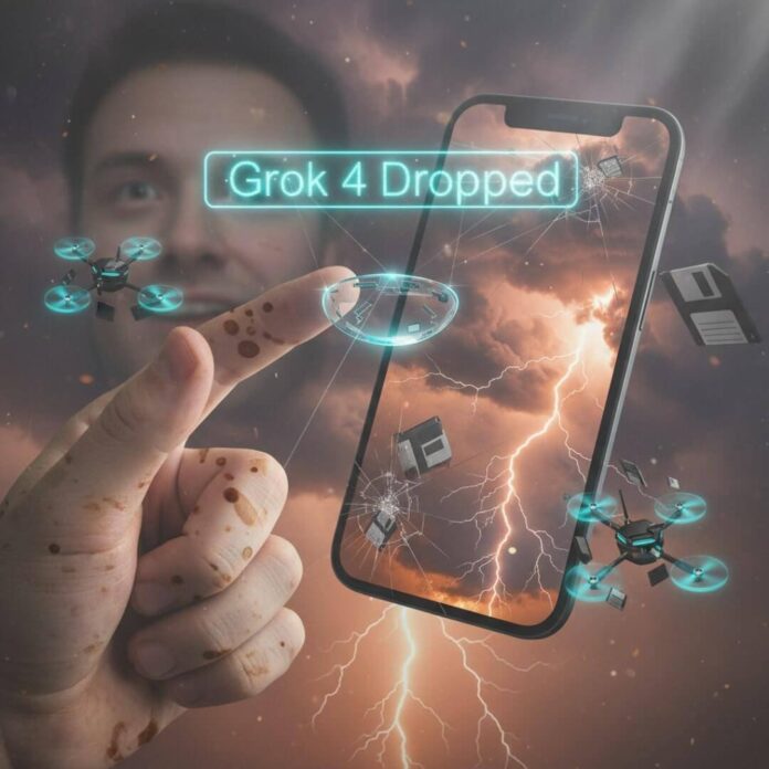 Coffee-stained hand, AR lens, "Grok 4 Dropped" news, storm-cracked phone, drone-floppy disks.