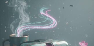 Technology Trends to Watch in 2025: The Future of Innovation VR headset with neural chip, cracked phone with flowers, steaming binary coffee.