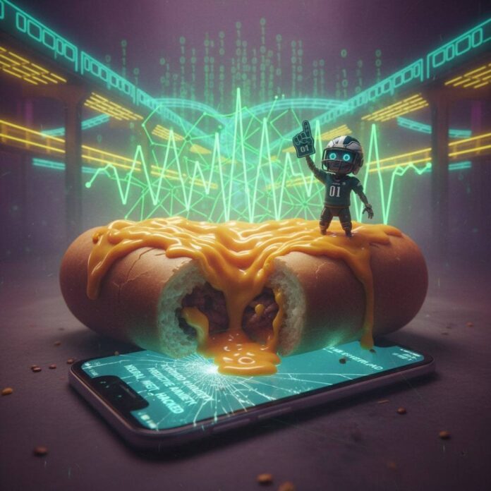 Cheesesteak, robot, AI phone, neon diner glow.