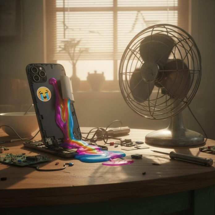 Disassembled phone, rainbow thermal paste, old fan.