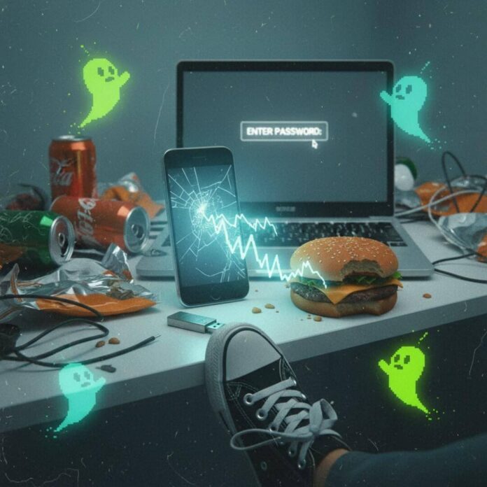 Cracked phone screen, burger, laptop, sneaker on USB.