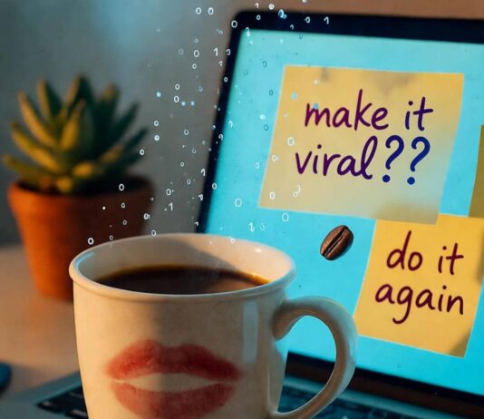 Unlock the Power of AI Content Creators to Boost Your Business Half-empty coffee mug with lipstick smudge, laptop glowing on "make it viral??" Post-its.
