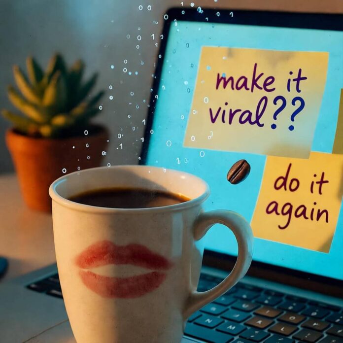 Half-empty coffee mug with lipstick smudge, laptop glowing on "make it viral??" Post-its.