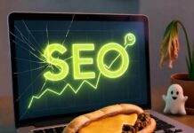 How AI SEO Tools are Transforming Digital Marketing in 2025 Cracked laptop with neon SEO graph, dripping cheesesteak, robot scribbling receipt, ghost emojis, wilted plant.