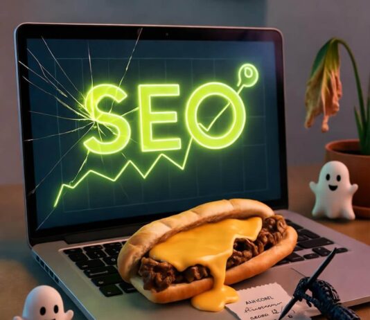 How AI SEO Tools are Transforming Digital Marketing in 2025 Cracked laptop with neon SEO graph, dripping cheesesteak, robot scribbling receipt, ghost emojis, wilted plant.