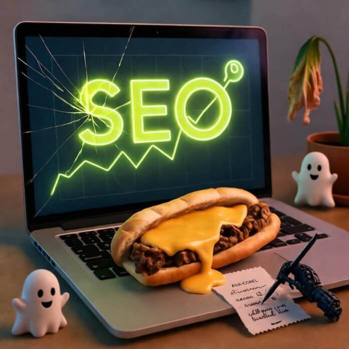 Cracked laptop with neon SEO graph, dripping cheesesteak, robot scribbling receipt, ghost emojis, wilted plant.