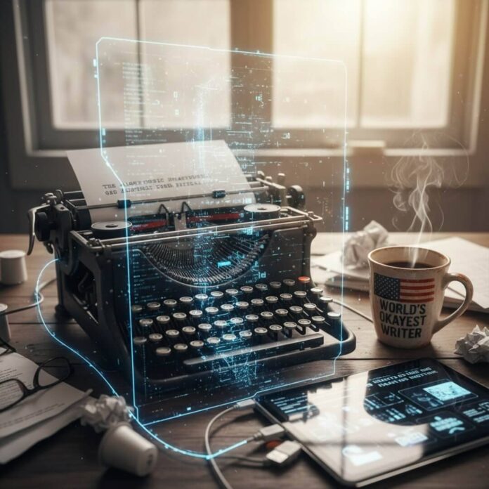 A desk with a typewriter, coffee mug, tablet, and a futuristic AI interface.